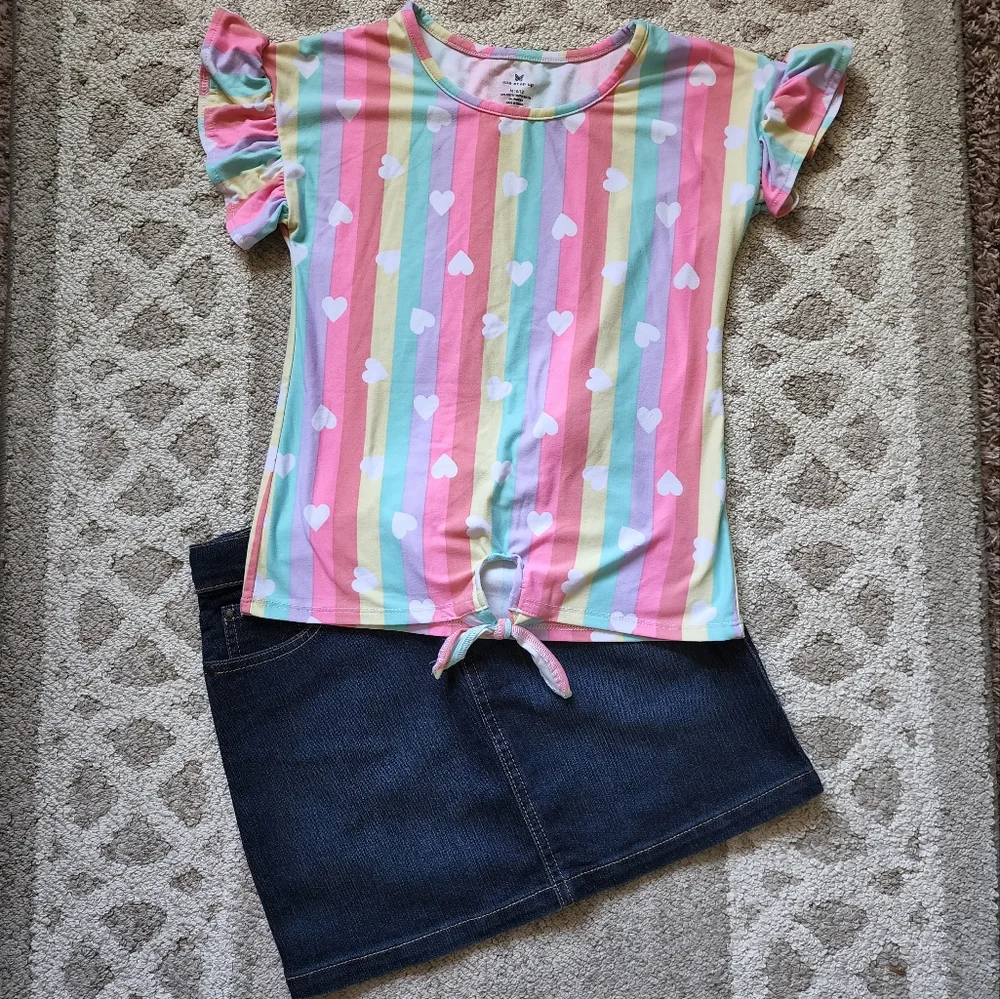 Girls Rainbow Top & Denim Skirt Set